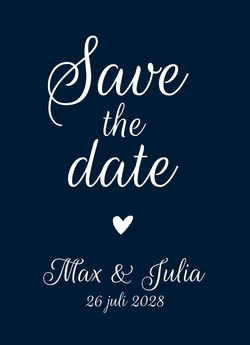 Donkerblauwe Save the date kaart met witte tekst