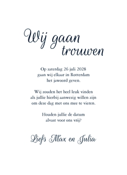 Donkerblauwe Save the date kaart met witte tekst